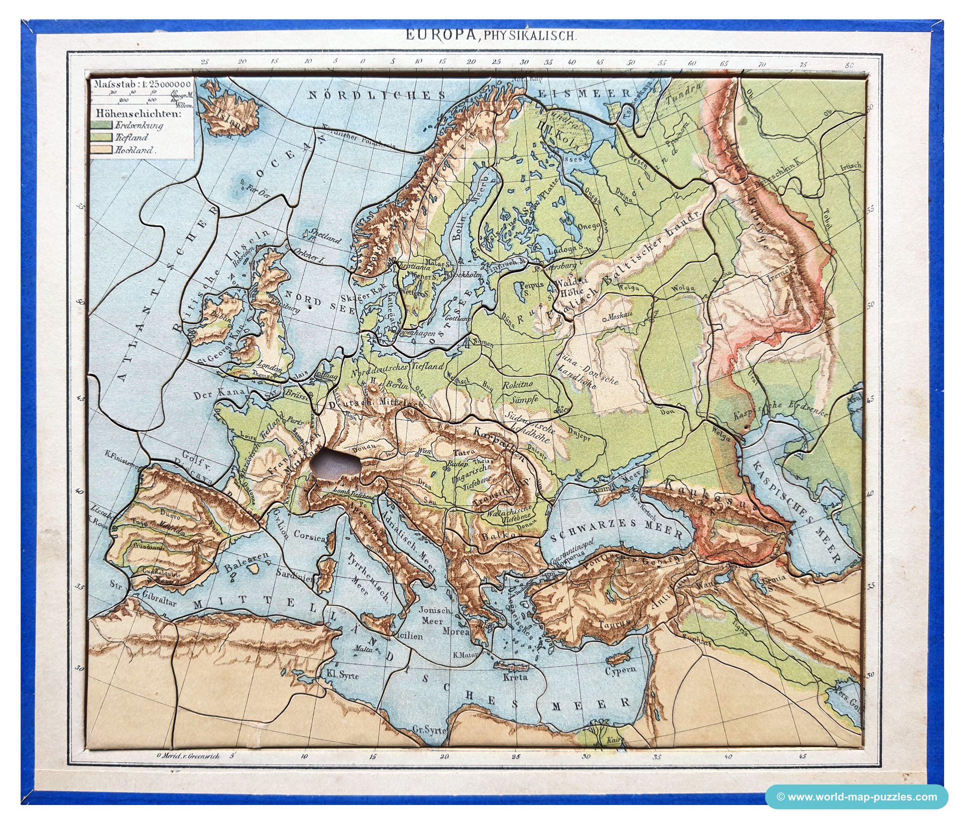 Geographisches Geduldspiel Otto Maier Ravensburg
(Geographical Patience Game)
Antique Map Puzzle
Map of Europe - physical