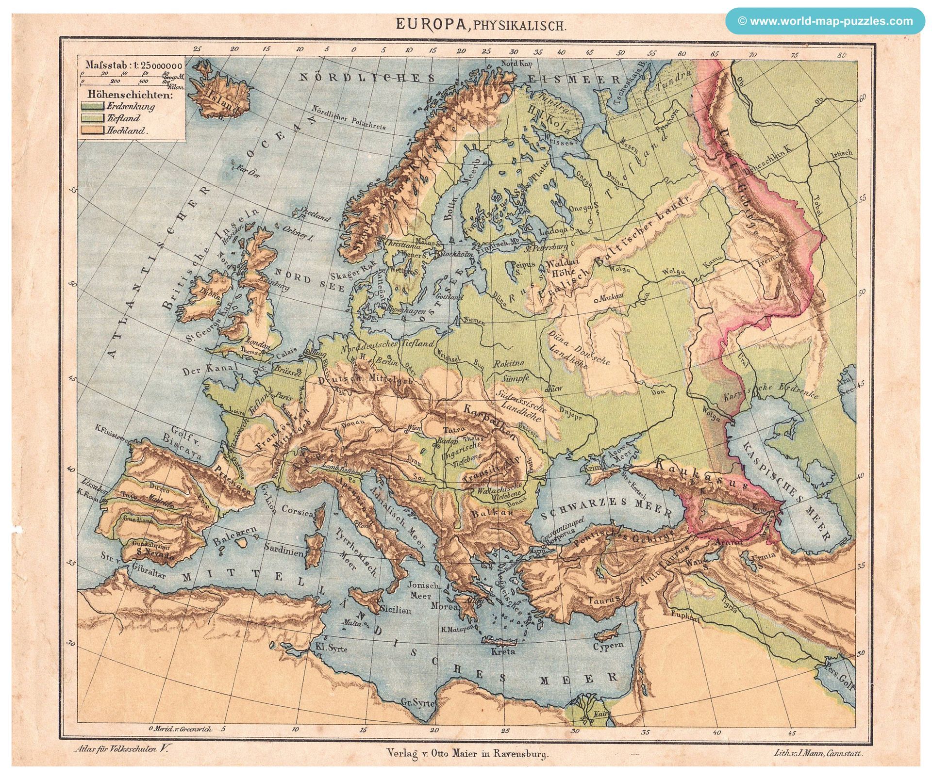 Geographisches Geduldspiel Otto Maier Ravensburg
(Geographical Patience Game)
Antique Map Puzzle
Map of Europe - physical
Original map copy