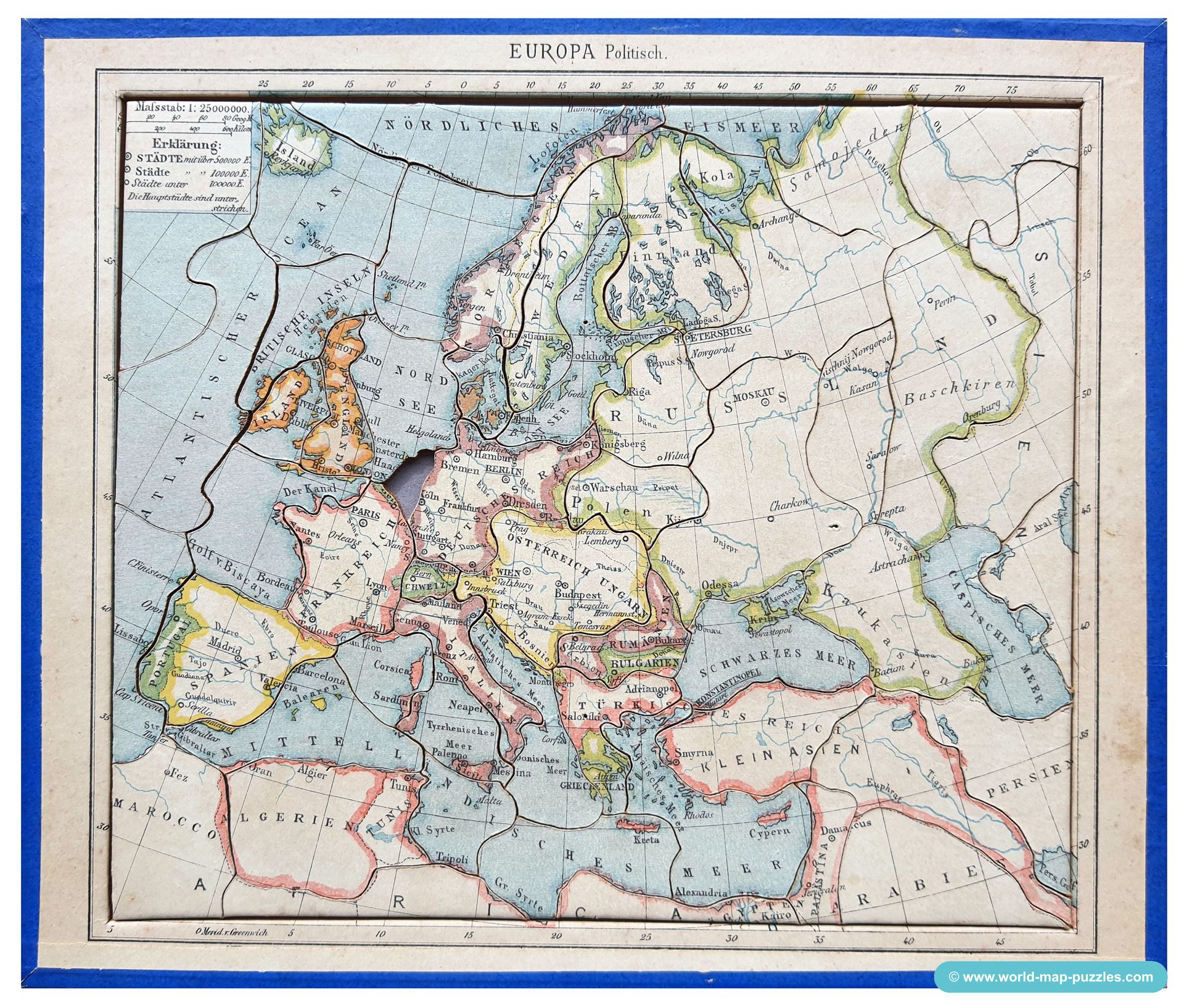 Geographisches Geduldspiel Otto Maier Ravensburg
(Geographical Patience Game)
Antique Map Puzzle
Map of Europe - political