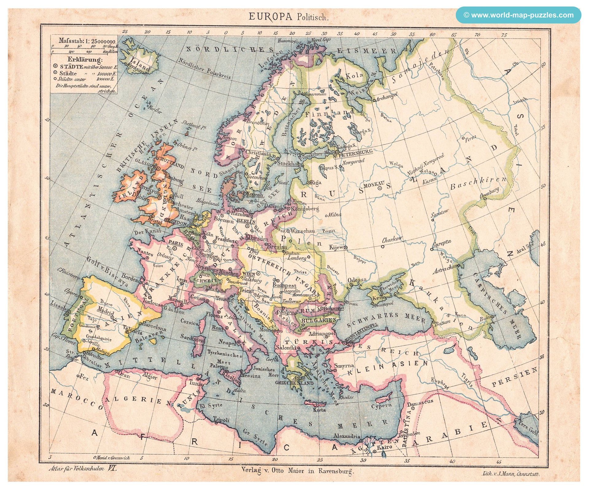 Geographisches Geduldspiel Otto Maier Ravensburg
(Geographical Patience Game)
Antique Map Puzzle
Map of Europe - political
Original map copy