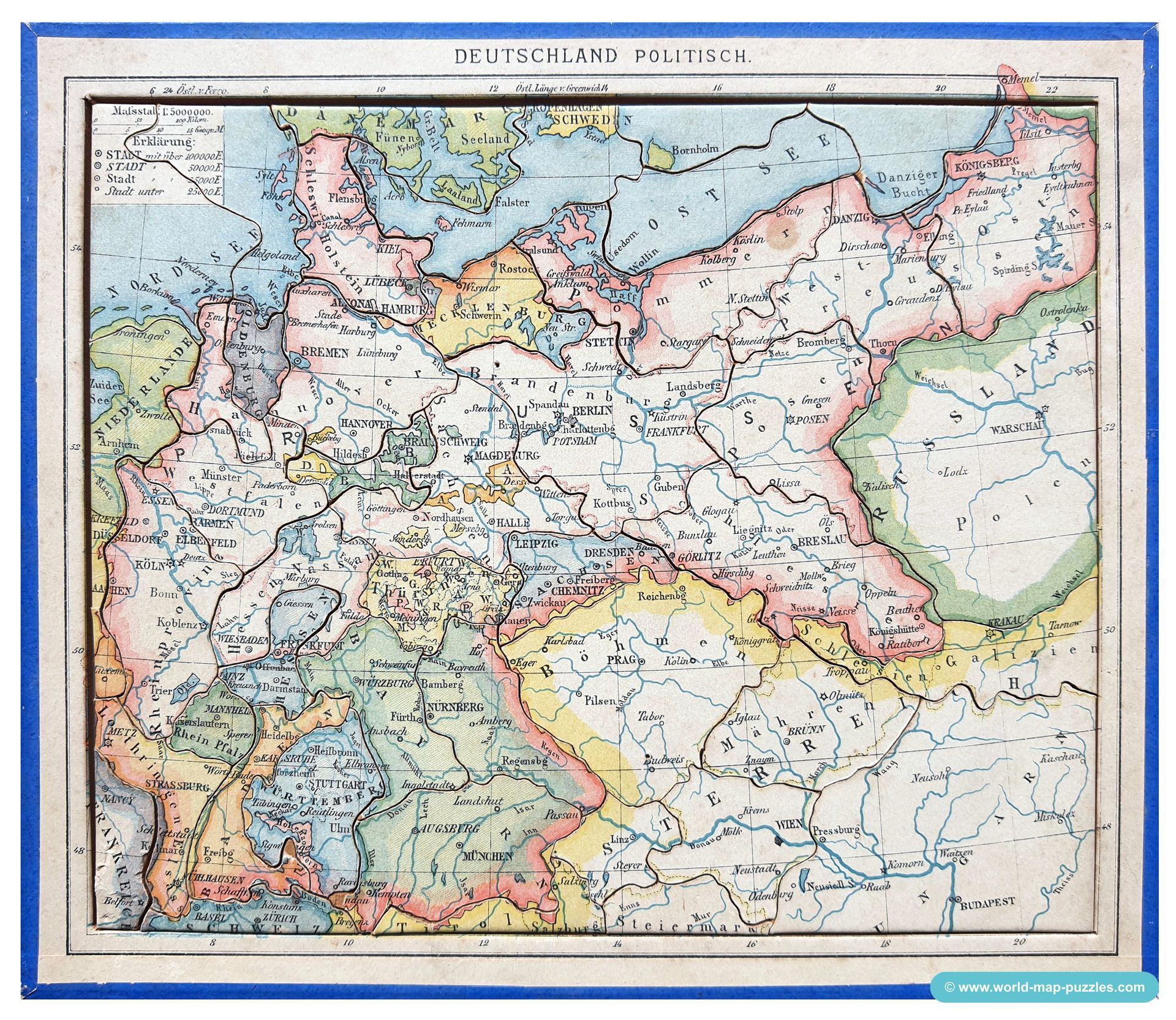 Geographisches Geduldspiel Otto Maier Ravensburg
(Geographical Patience Game)
Antique Map Puzzle
Map of the German Reich - political