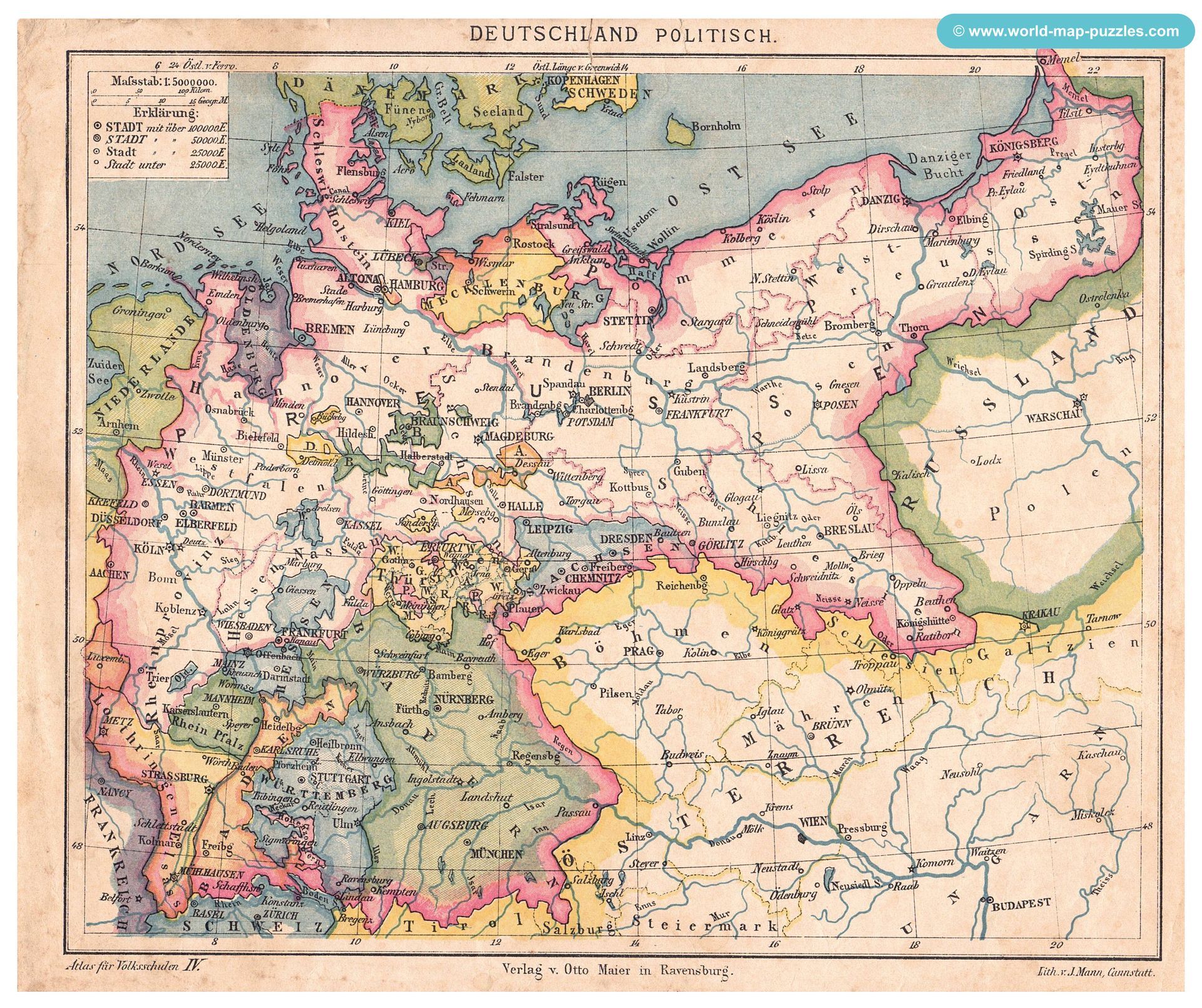 Geographisches Geduldspiel Otto Maier Ravensburg
(Geographical Patience Game)
Antique Map Puzzle
Map of the German Reich - political
Original map copy