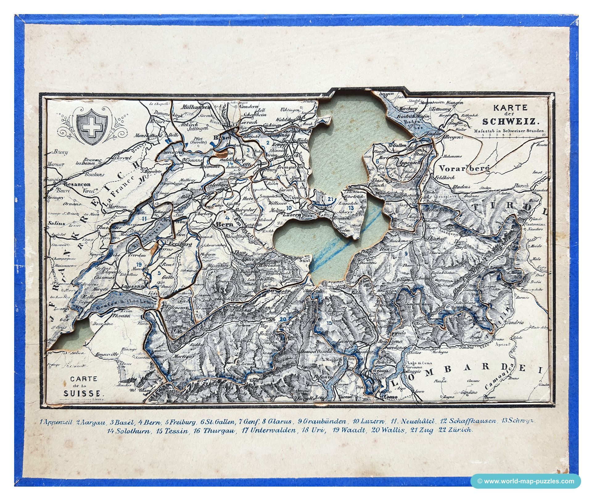 Geographisches Geduldspiel Otto Maier Ravensburg
(Geographical Patience Game)
Antique Map Puzzle
Map of Switzerland