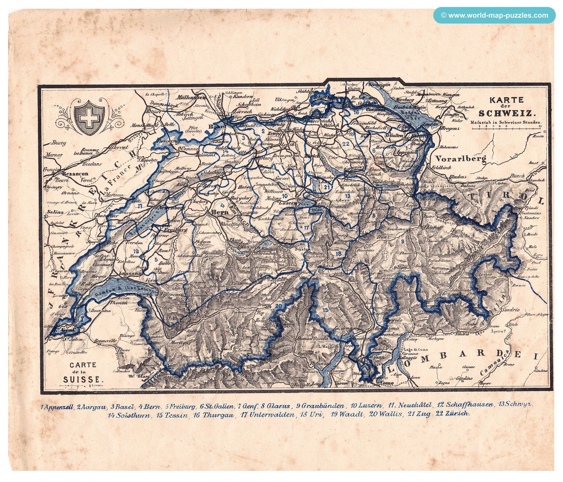 Geographisches Geduldspiel Otto Maier Ravensburg
(Geographical Patience Game)
Antique Map Puzzle
Map of Switzerland
Original map copy