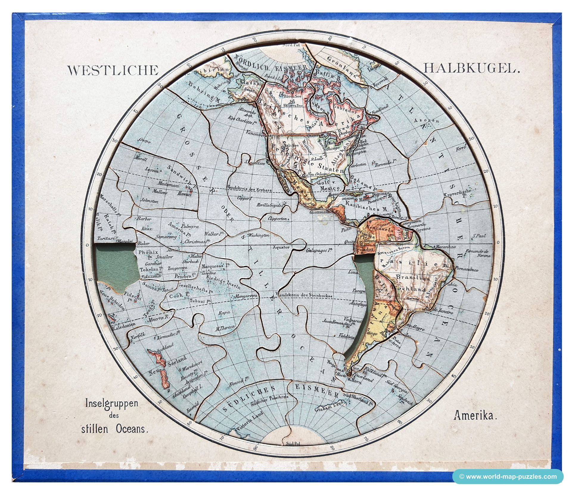 Geographisches Geduldspiel Otto Maier Ravensburg
(Geographical Patience Game)
Antique Map Puzzle
Western Hemisphere