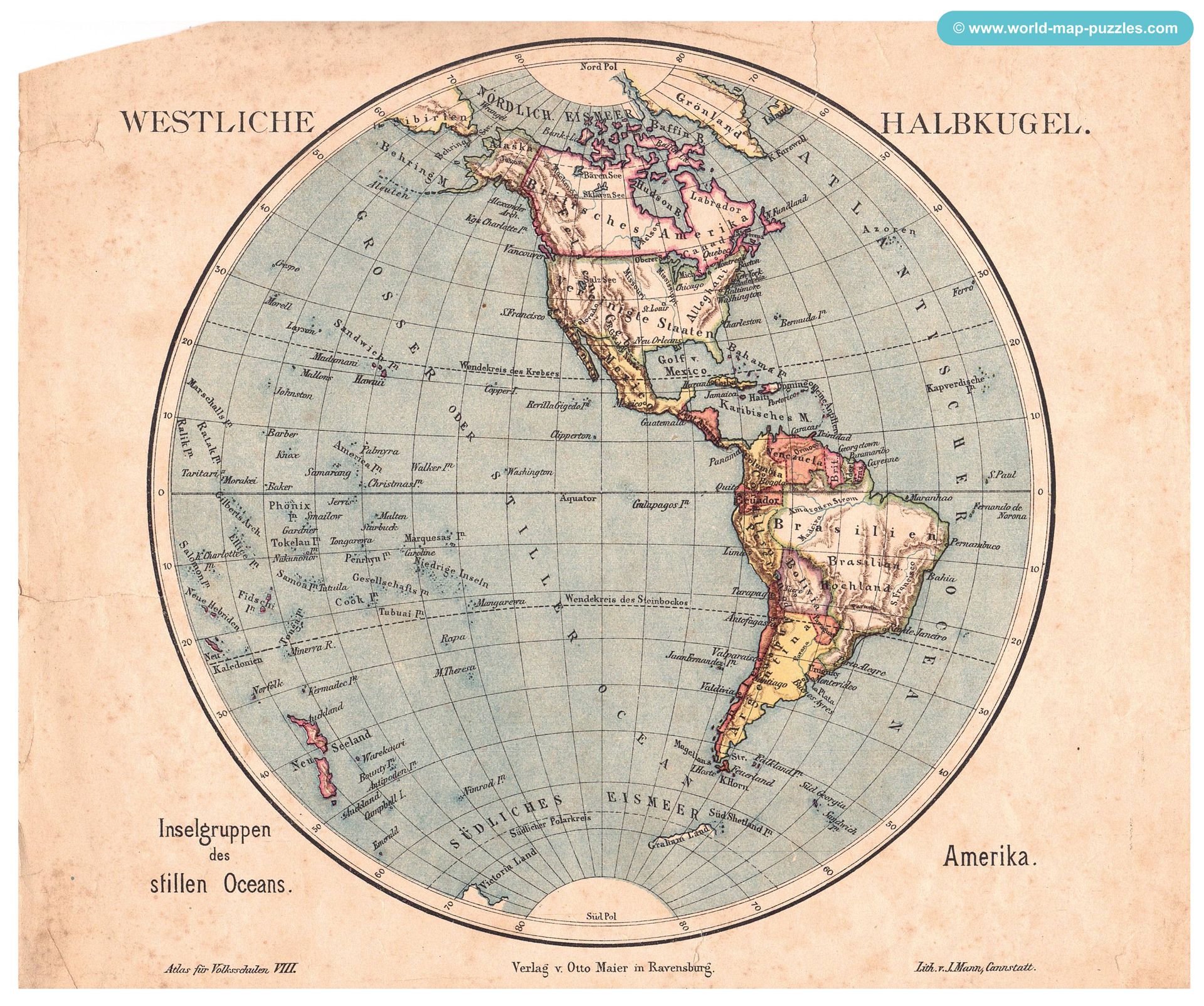 Geographisches Geduldspiel Otto Maier Ravensburg
(Geographical Patience Game)
Antique Map Puzzle
Western Hemisphere
Original map copy