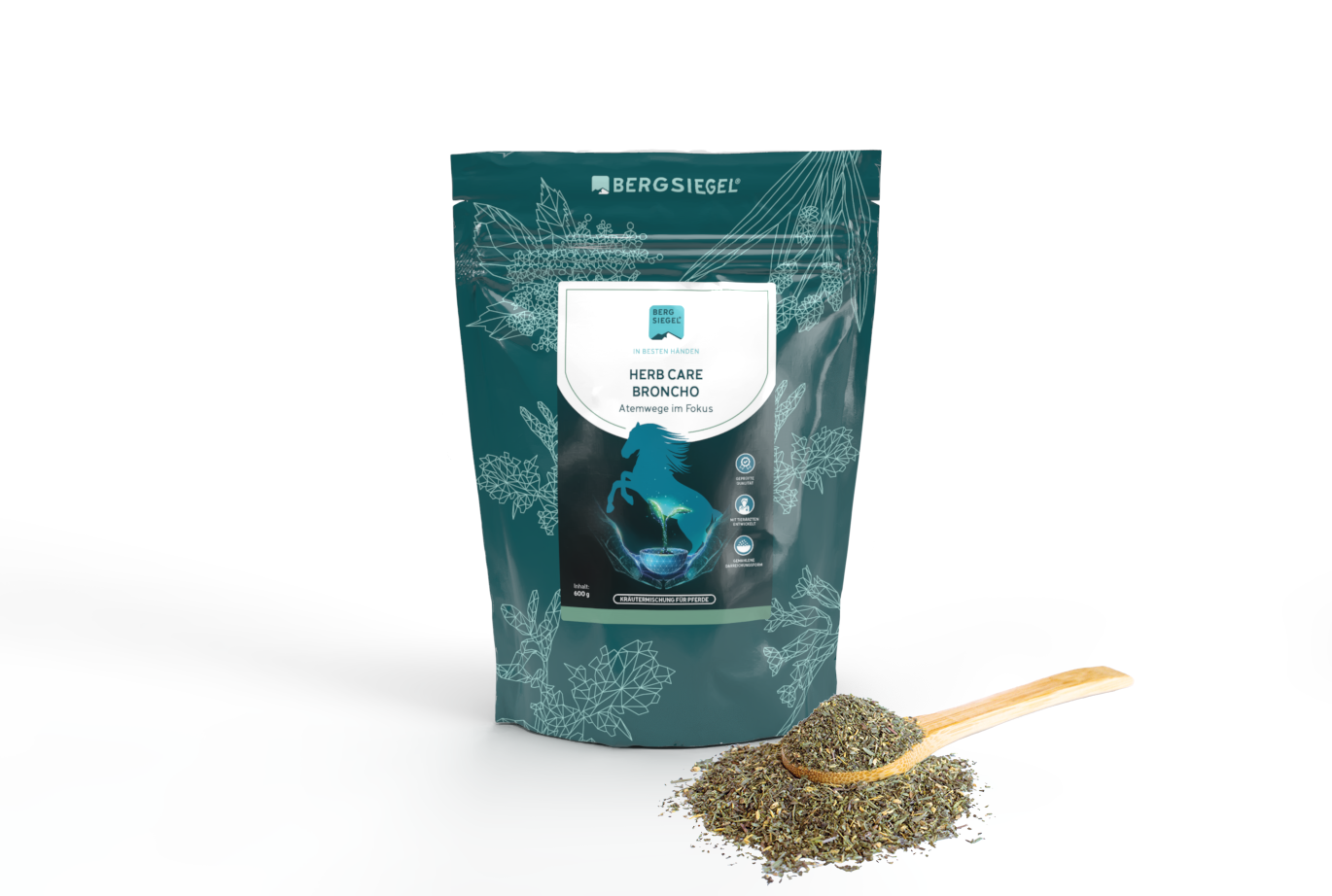 Darstellung des Produkts HERB CARE BRONCHO. Das Produkt Mockup sowie ein Löffel mit den losen Kräutern ist dargestellt.