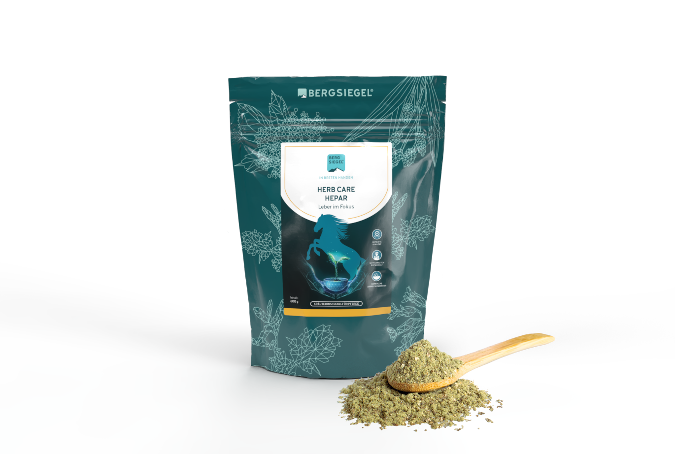 Darstellung des Produkts HERB CARE HEPAR. Das Produkt Mockup sowie ein Löffel mit den losen Kräutern ist dargestellt.