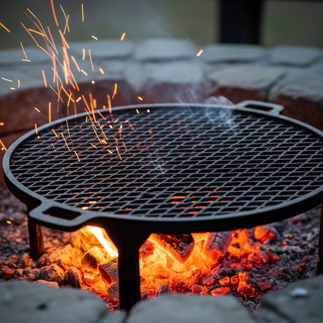 A portable campfire grill set up on the shore of a tranquil lake in a forest.