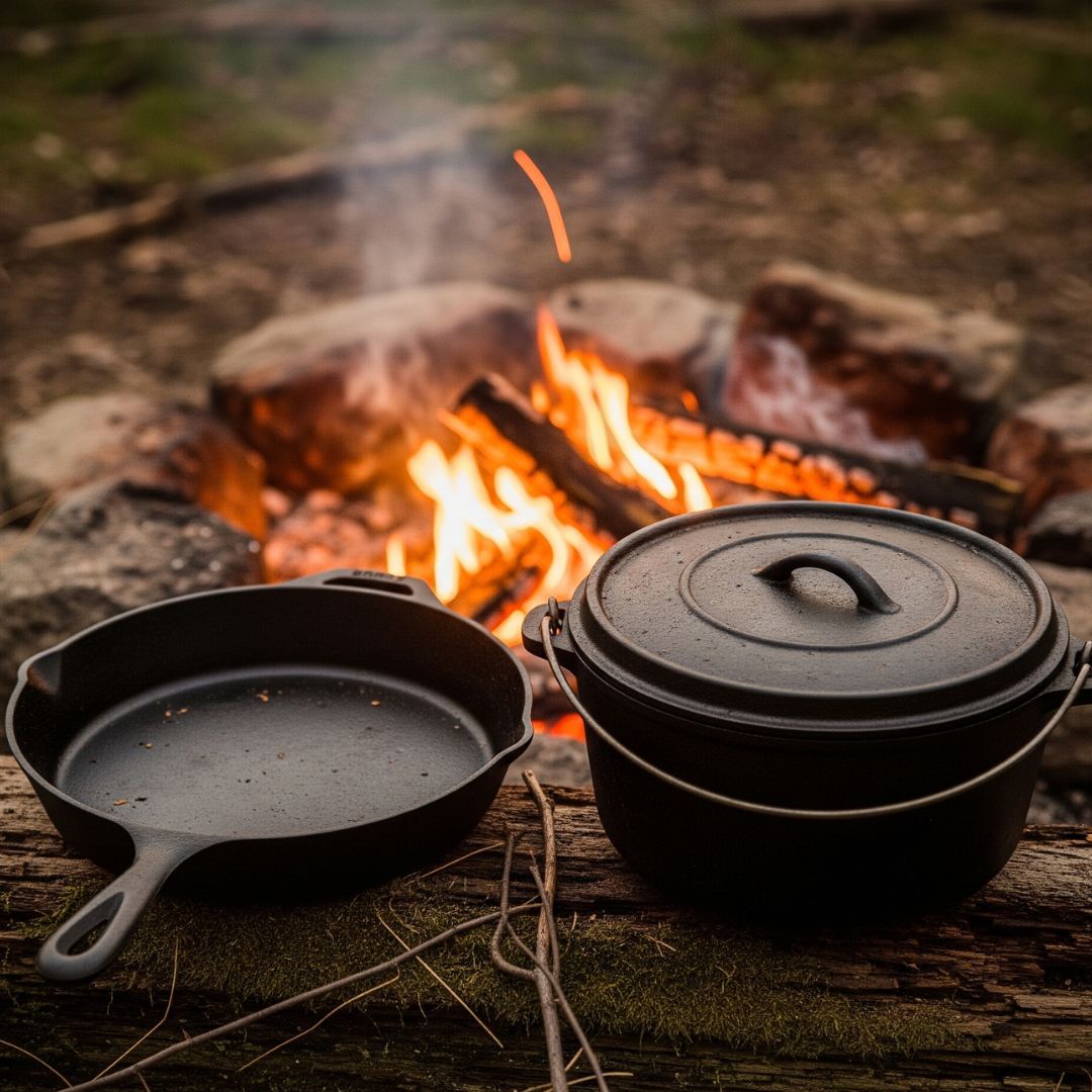 A variety of foods, including steak, vegetables, and coffee, cooking on a campfire grill
