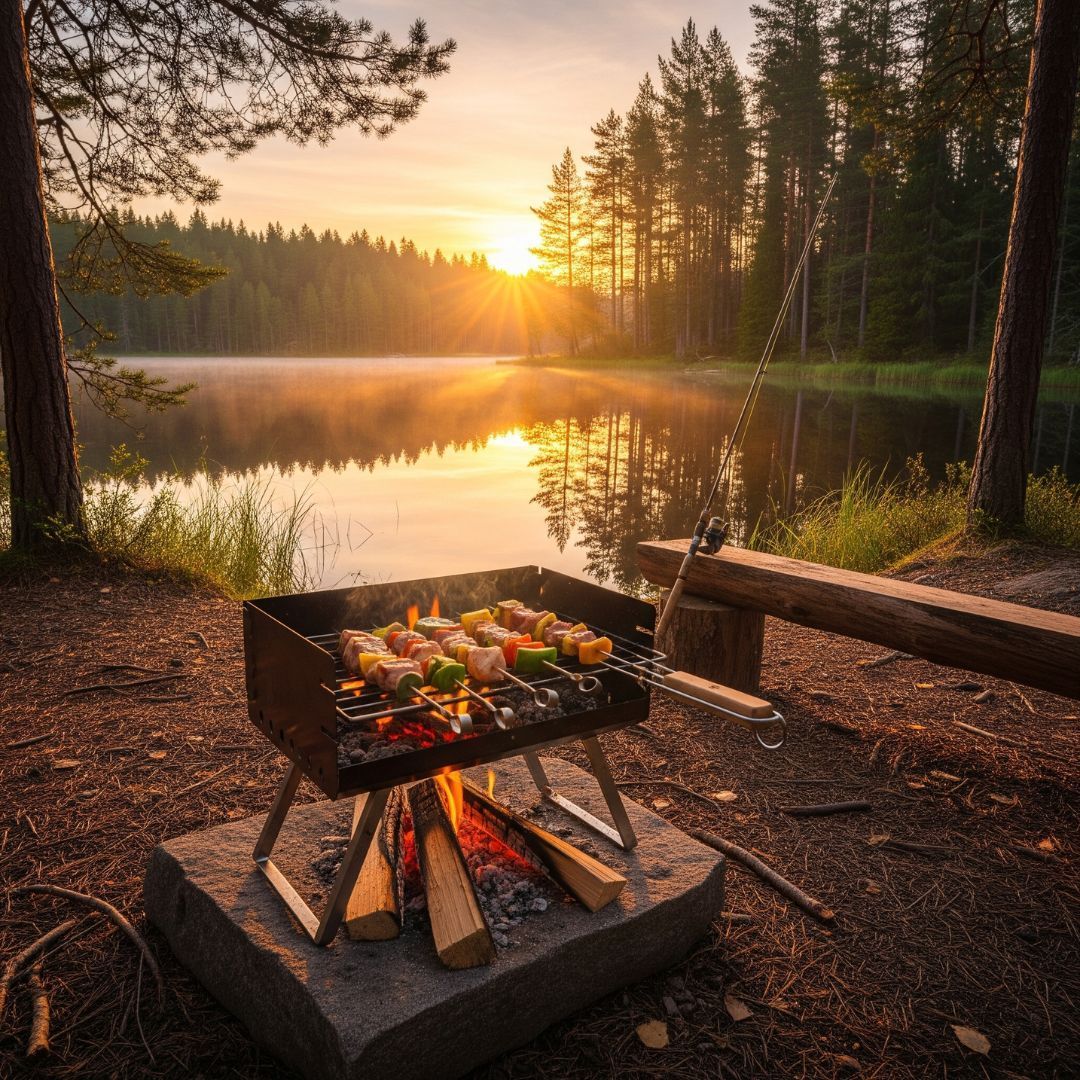 A portable campfire grill set up on the shore of a tranquil lake in a forest.