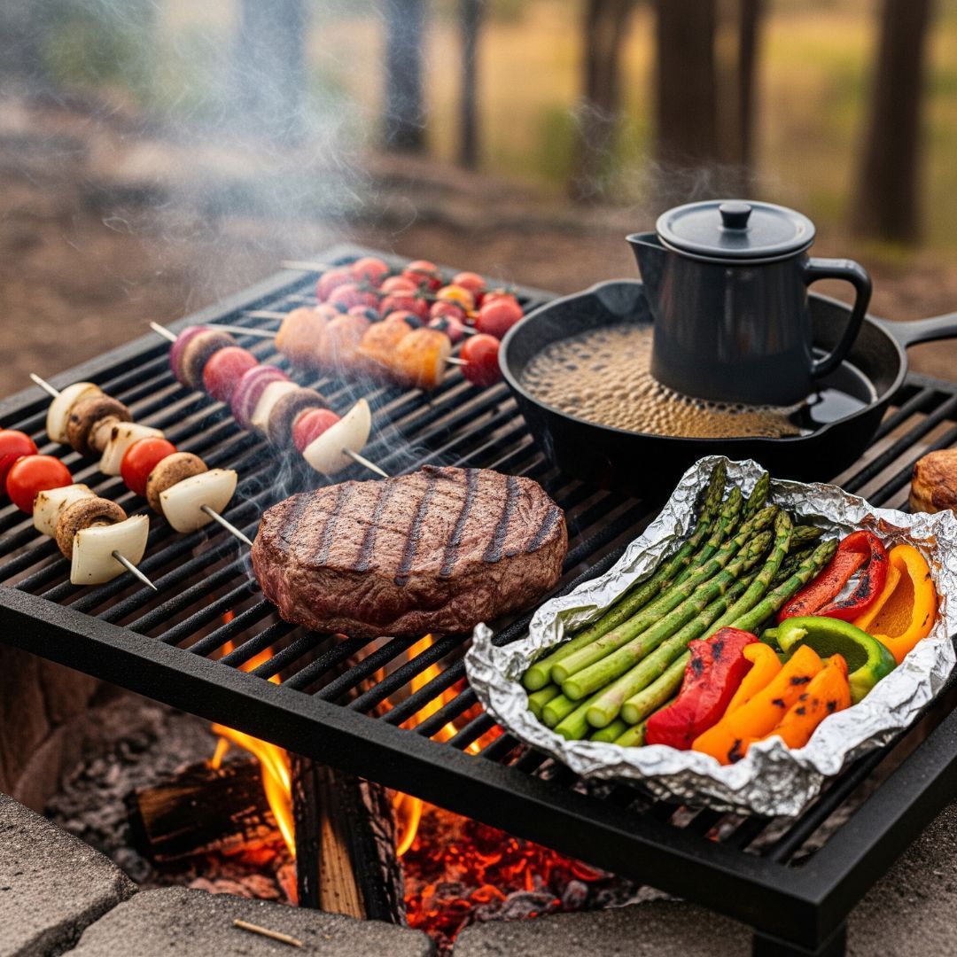 A variety of foods, including steak, vegetables, and coffee, cooking on a campfire grill