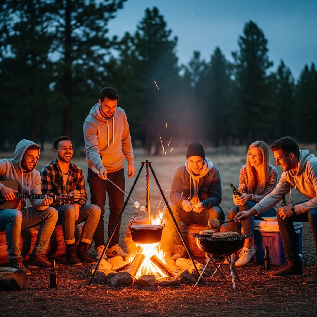 A group of friends laughing and cooking together around a campfire.