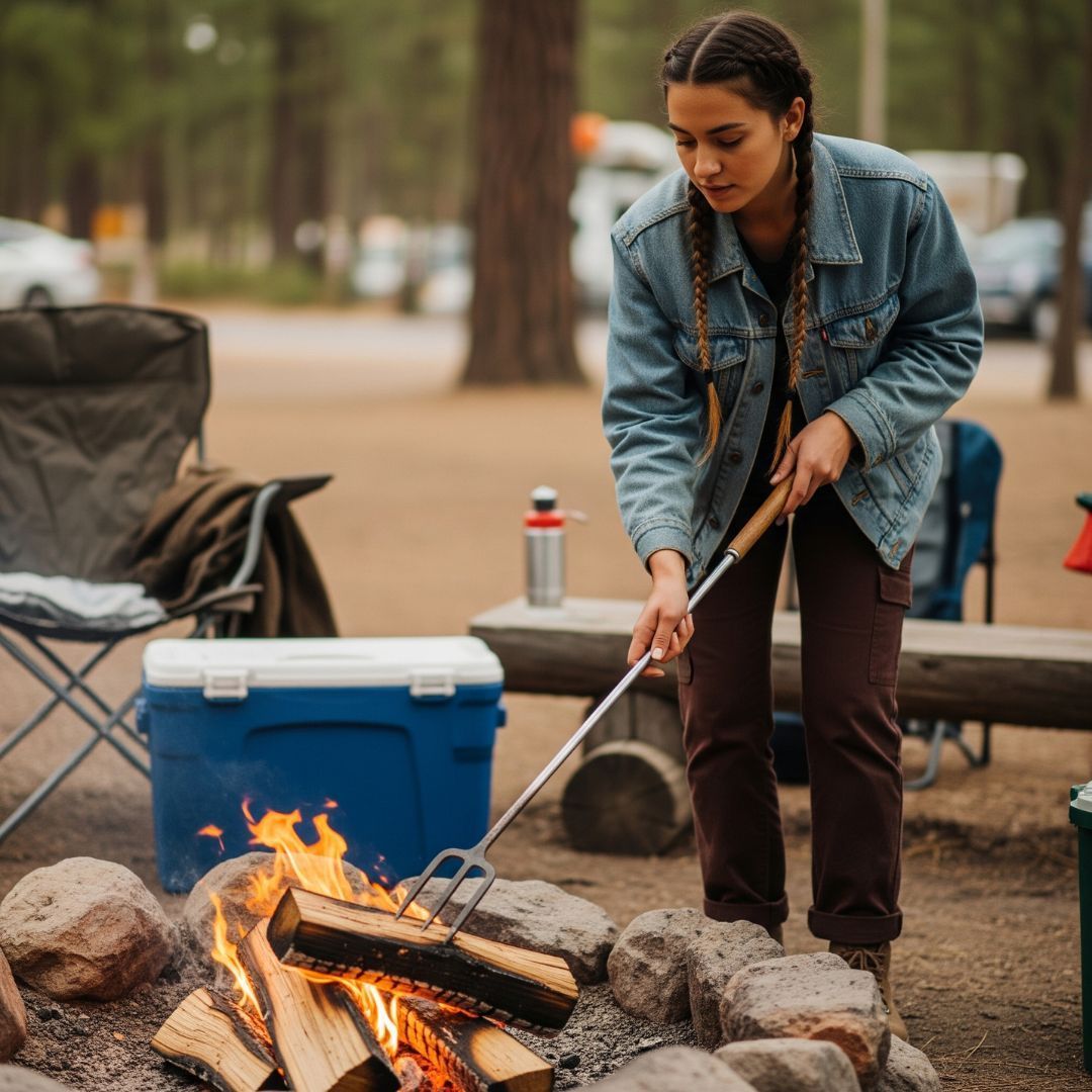 A person carefully adjusting logs on a campfire to create a perfect bed of cooking embers