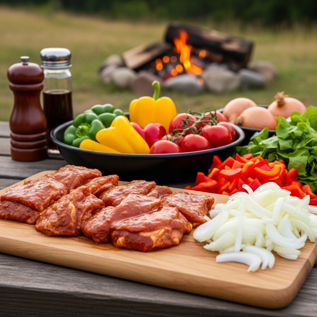 Marinated meat and fresh chopped vegetables are laid out on a wooden table at a campsite, prepped for grilling