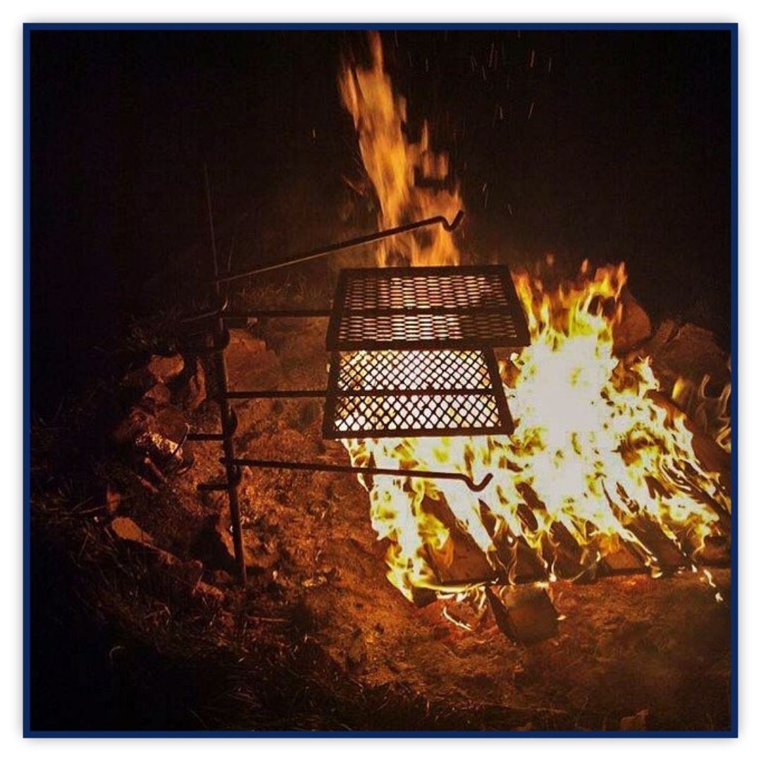 A close-up of the durable, American-made steel construction of an outdoor campfire grill grate.
