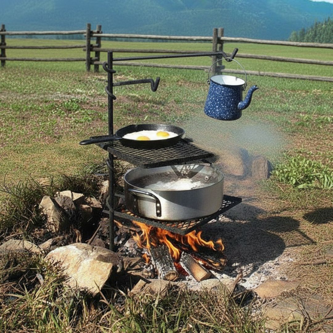An elaborate black metal campfire cooking stand is set over a fire. On two separate grill grates, a skillet with two eggs and a large pot of boiling water are cooking. A blue speckled coffee pot hangs from an arm at the top of the stand.