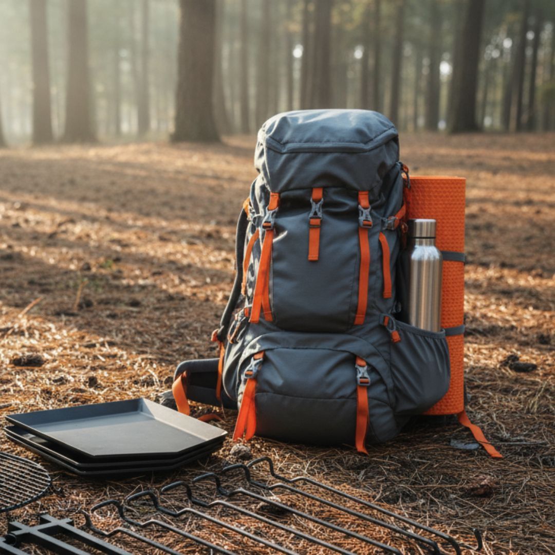 A gray and orange hiking backpack sits on the ground with a water bottle and sleeping pad attached. In front of it are various pieces of black metal campfire cooking equipment, including a grill grate, skewers, and small trays.