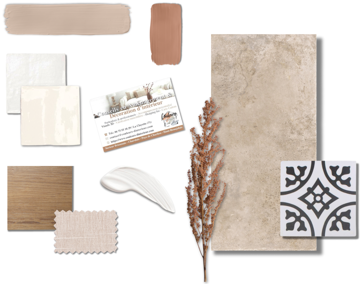 échantillon de couleurs et matériaux dans les teintes de beige rosé,La Clayette