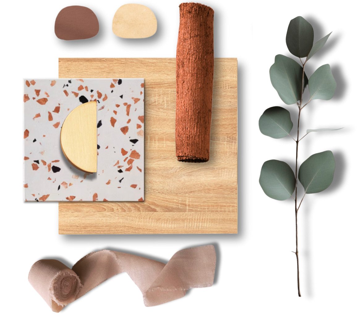 Planche couleurs et matériaux-terracotta-terrazzo-eucalyptus-bouton doré-bois clair-Natacha Labruyere décoratrice architecte d'intérieur à La Clayette