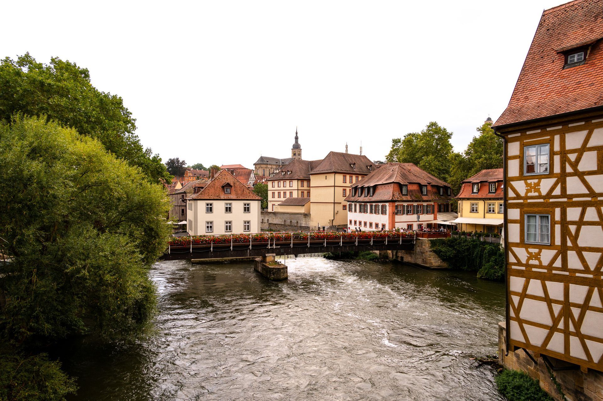 Blick von der Oberen Brücke auf die Regnitz und Häuserfassaden in der Altstadt von Bamberg. Motiv beim Fotowalk Bamberg.