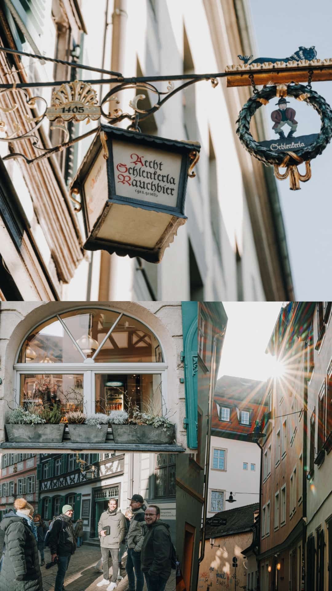Collage. Historisches Schild der "Schlenkerla" in Bamberg, eingefangen bei einem Fotowalk durch die Altstadt.