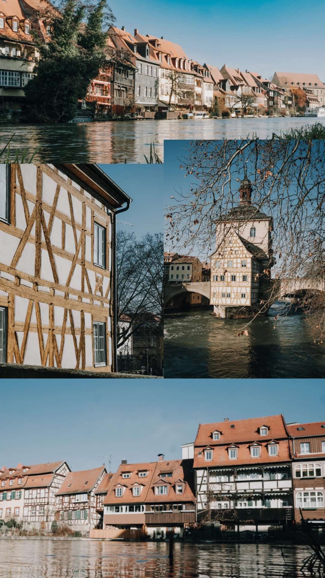 Collage. Blick auf das malerische Ufer in Bamberg, während eines Fotowalks durch die Altstadt, mit Fachwerkhäusern.
