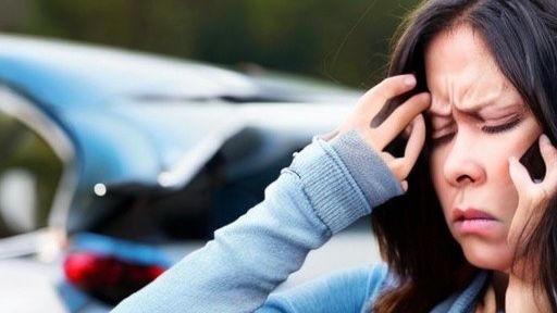 Auf dem Bild ist eine Frau mit langen dunklen Haaren zu sehen, die sichtlich besorgt aussieht. Sie hält ihre Schläfen mit beiden Händen und hat die Augen geschlossen. Im Hintergrund ist ein Auto mit geöffnetem Kofferraum zu sehen und Bäume, die darauf hinweisen, dass sie sich wahrscheinlich im Freien befindet. Sie trägt eine graue Strickjacke und ein blaues Oberteil. Das Bild trägt den Titel Selbstbetrug.