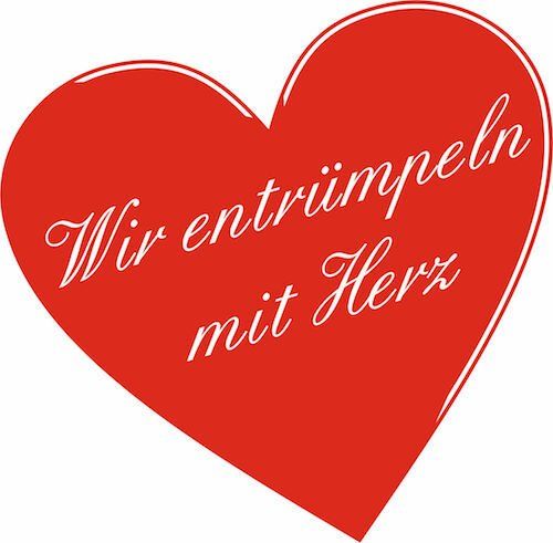 Rotes Herz mit weißer Schrift: 'Wir entrümpeln mit Herz' – Logo der Entrümpelungsfirma Molitor.