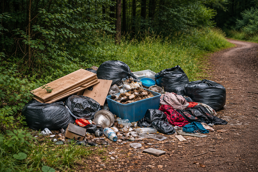 Große illegale Müllentsorgung mit Hausrat und Sperrmüll im Wald