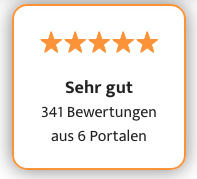 Ein Foto mit der Aufschrift: Sehr gut 341 Bewertungen aus 6 Portale.