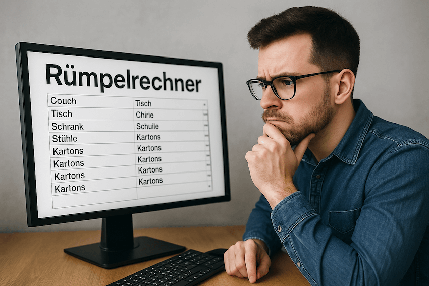 Mann blickt kritisch auf Online-Rümpelrechner am Monitor – wie zuverlässig ist die Berechnung einer