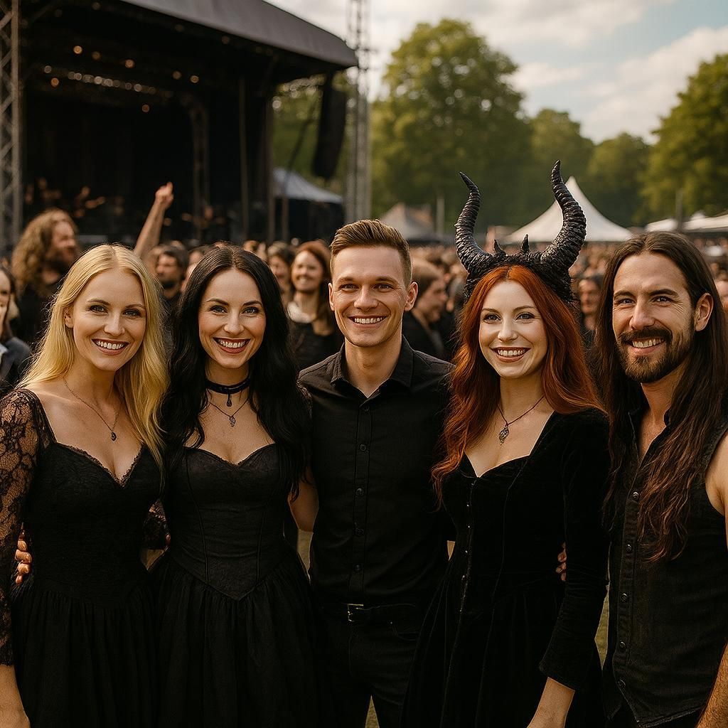 Das Bild zeigt eine fröhliche Gruppe junger Menschen auf einem Gothic- oder Fantasy-Festival. Im Vordergrund stehen drei Frauen und zwei Männer, die lächelnd in die Kamera blicken. Alle tragen dunkle Kleidung im Gothic-Stil – von Spitzenkleidern über Samt bis hin zu minimalistischer Festivalmode.
Besonders auffällig ist die Frau mit den rotbraunen Haaren, die ein schwarzes Samtkleid und große Hörner als Kopfschmuck trägt – ein Hingucker im Fantasy-Stil. Auch die anderen Frauen tragen schwarze, figurbetonte Kleider mit Spitzen- oder Korsett-Elementen. Die Männer wirken leger-elegant, teils in Hemd, teils in ärmellosem Outfit.
Im Hintergrund erkennt man eine Festivalbühne, Zelte und viele weitere Besucher – ein stimmungsvoller Sommertag voller Musik, Stil und Szenezugehörigkeit. Das Bild transportiert pure Lebensfreude, Individualität und Gemeinschaftsgefühl in der alternativen Modewelt.