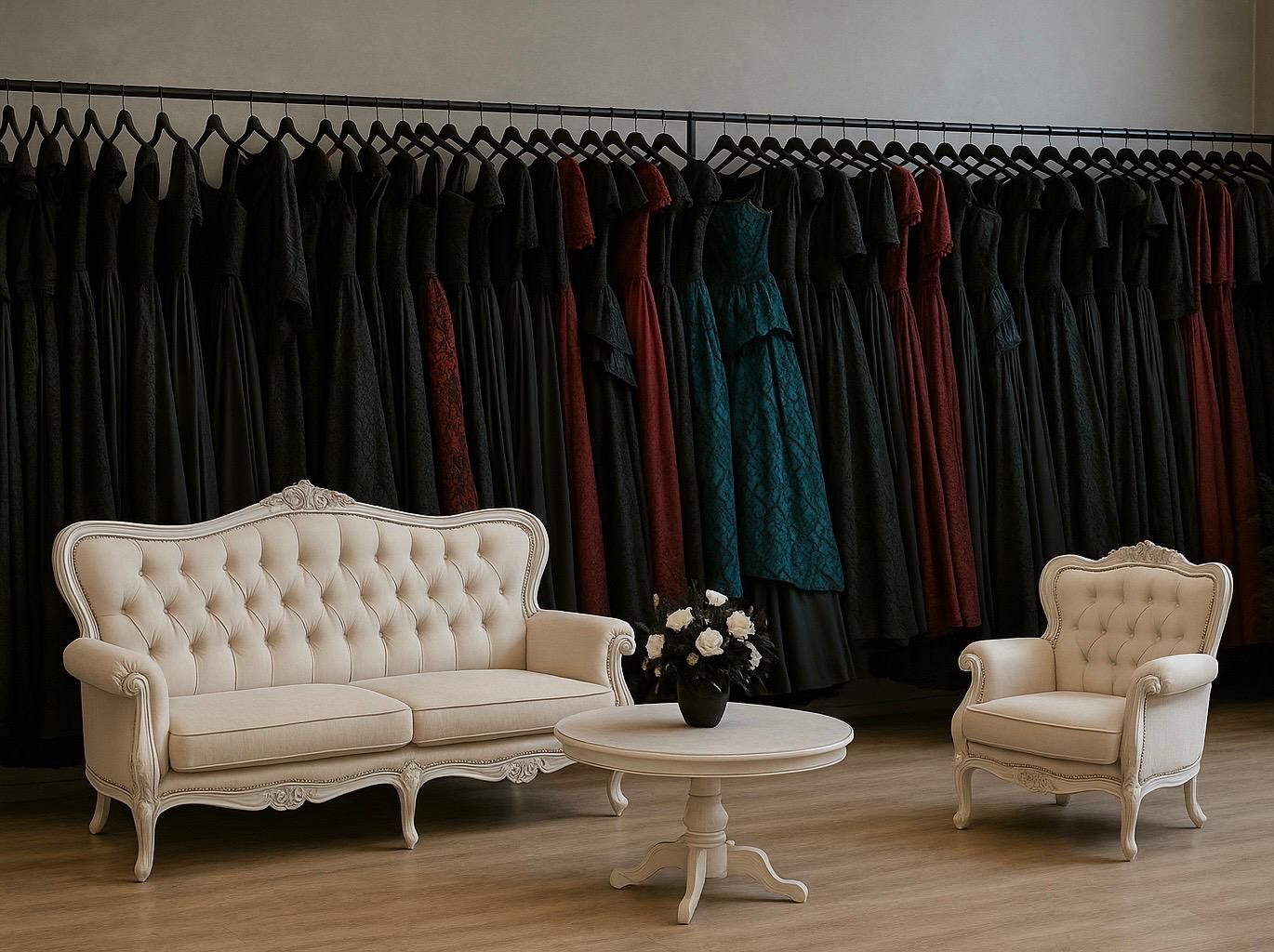 Das Bild zeigt einen stilvoll eingerichteten Raum im Dark Dream Atelier in Gründau für Rostock.
 Im Vordergrund stehen ein cremefarbenes, antikes Sofa, ein passender Sessel und ein runder, niedriger Tisch im selben Stil. Auf dem Tisch steht ein dunkler Blumenstrauß mit weißen und schwarzen Kunstblumen.
Im Hintergrund hängen zahlreiche festliche Kleider dicht an dicht auf einer langen Kleiderstange. Die Farbpalette reicht von tiefem Schwarz über dunkles Rot bis zu Petrolgrün – ein visuelles Statement für Gothic-, Steampunk- und Fantasy-Mode. Die Stoffe wirken edel und hochwertig, viele Modelle besitzen auffällige Texturen wie Spitze, Satin oder Brokat.
Das Atelier strahlt eine ruhige, elegante Atmosphäre aus und bietet den perfekten Rahmen für persönliche Beratung und Anproben. Das Bild unterstreicht den exklusiven, außergewöhnlichen Stil der Marke Dark Dream Collection.