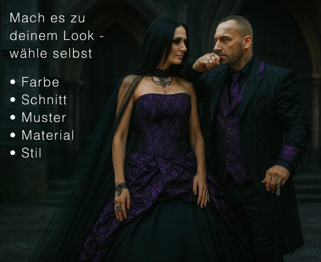Das Bild zeigt ein Paar in einem eleganten, aufeinander abgestimmten Gothic-Outfit vor einem dunklen, architektonisch imposanten Hintergrund mit gotischen Bögen. Links im Bild steht eine Frau mit langem schwarzen Haar. Sie trägt ein aufwendig gefertigtes, bodenlanges Gothic-Kleid mit schwarzem Unterrock und lila Musterstoff im Korsagenbereich und in der Drapierung des Rocks. Das Kleid ist trägerlos und wird durch eine schwarze Spitzenhalskette ergänzt. Rechts von ihr steht ein Mann in einem stilvollen schwarzen Anzug mit lila Akzenten, bestehend aus einer gemusterten Weste, Hemd und Krawatte. Er hält ihre Hand und küsst sie respektvoll. Beide blicken ernst und stilvoll in dieselbe Richtung.
Im linken oberen Bereich des Bildes befindet sich weißer Text mit der Aufschrift:
„Mach es zu deinem Look – wähle selbst“, darunter in Stichpunkten:
• Farbe
• Schnitt
• Muster
• Material
• Stil
Dieser Text betont die individuelle Gestaltungsfreiheit bei der Auswahl des Outfits.
Die abgebildeten Outfits sind erhältlich bei Mr. & Mrs. Hübner – Dark Dream Atelier in Gründau für Berlin