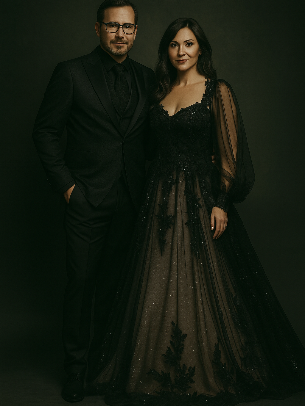 Das Bild zeigt ein elegant gekleidetes Paar vor einem dunklen, einfarbigen Hintergrund. Links im Bild steht ein Mann mit kurzem Haar, Bart und Brille. Er trägt einen edlen, schwarzen Anzug mit schwarzem Hemd und schwarzer Krawatte. Seine Hände ruhen locker in den Hosentaschen, sein Blick ist ruhig und freundlich.
Rechts neben ihm steht eine Frau mit dunklem, leicht gewelltem Haar, das offen über die Schultern fällt. Sie trägt ein glamouröses, bodenlanges Abendkleid in Schwarz. Das Kleid ist im Oberkörperbereich figurbetont und mit floralen Verzierungen und Glitzerelementen bestickt. Die langen, transparenten Ärmel sind aus zartem Tüll gearbeitet. Der Rock ist leicht ausgestellt und wirkt durch den changierenden Stoff, den Glitzer und die Spitzenapplikationen besonders edel. Der Look verbindet romantische Eleganz mit moderner Zurückhaltung.
Die Gesamtwirkung des Bildes ist stilvoll, hochwertig und harmonisch – typisch für den Modestil Black Edelschick, der dezente Raffinesse und dunkle Ästhetik verbindet.
Das gezeigte Outfit stammt aus der Kollektion „Black Edelschick“ und ist erhältlich bei Mr. & Mrs. Hübner – Dark Dream Atelier in Gründau für Gera
