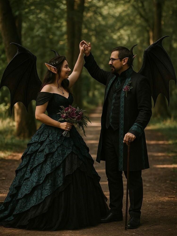 Das Bild zeigt ein Hochzeitspaar in fantasievoller, alternativer Mode mit deutlichem Fantasy- und LARP-Charakter. Die Szene spielt auf einem Waldweg, der von hohen Bäumen gesäumt wird, und vermittelt eine märchenhafte, mystische Stimmung.
Links im Bild steht eine Frau, die ein opulentes, mehrlagiges Kleid trägt. Das Kleid besteht aus schwarzen und dunkelgrün gemusterten Stofflagen, die in Stufen übereinander fallen. Das Oberteil ist schulterfrei und mit feinen Details verziert. Auffällig sind ihre großen, spitz zulaufenden Elfenohren und die schwarzen, lederartigen Fledermausflügel auf ihrem Rücken, die einen fantastischen Charakter verleihen. Sie hält einen kleinen Brautstrauß mit dunklen Blüten in Rot- und Violetttönen.
Rechts von ihr steht ein Mann in einem langen schwarzen Gehrock mit grünen Brokatbesätzen. Darunter trägt er eine passende Weste und ein Hemd im dunklen Fantasy-Stil. Auch er trägt schwarze Fledermausflügel und spitze Ohren als Fantasy-Accessoires. Er hält einen Spazierstock und hebt die Hand seiner Partnerin, als würde er sie zu einem Tanz auffordern. Beide blicken sich liebevoll an.
Die Outfits verbinden Fantasy Couture, Gothic-Stil und LARP-Design, wodurch ein eindrucksvolles, märchenhaftes Gesamtbild entsteht.
Die gezeigten Fantasy- und LARP-Outfits sind erhältlich bei Mr. & Mrs. Hübner – Dark Dream Atelier in Gründau für Potsdam