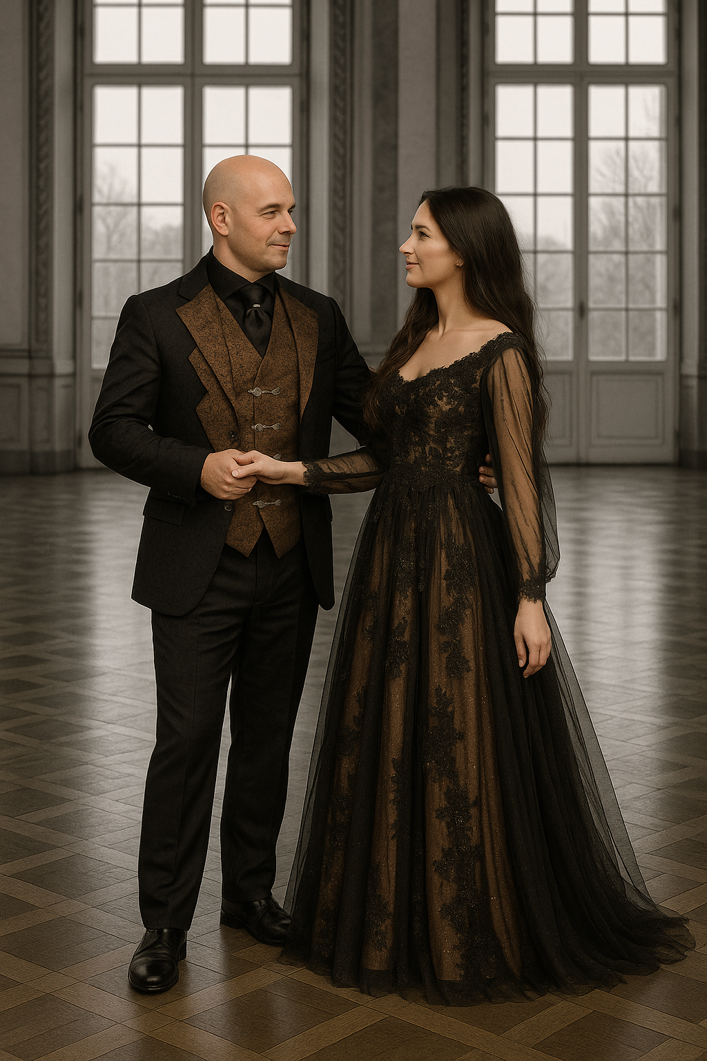 Das Bild zeigt ein elegant gekleidetes Paar vor einem dunklen, einfarbigen Hintergrund. Links im Bild steht ein Mann mit kurzem Haar, Bart und Brille. Er trägt einen edlen, schwarzen Anzug mit schwarzem Hemd und schwarzer Krawatte. Seine Hände ruhen locker in den Hosentaschen, sein Blick ist ruhig und freundlich.
Rechts neben ihm steht eine Frau mit dunklem, leicht gewelltem Haar, das offen über die Schultern fällt. Sie trägt ein glamouröses, bodenlanges Abendkleid in Schwarz. Das Kleid ist im Oberkörperbereich figurbetont und mit floralen Verzierungen und Glitzerelementen bestickt. Die langen, transparenten Ärmel sind aus zartem Tüll gearbeitet. Der Rock ist leicht ausgestellt und wirkt durch den changierenden Stoff, den Glitzer und die Spitzenapplikationen besonders edel. Der Look verbindet romantische Eleganz mit moderner Zurückhaltung.
Die Gesamtwirkung des Bildes ist stilvoll, hochwertig und harmonisch – typisch für den Modestil Black Edelschick, der dezente Raffinesse und dunkle Ästhetik verbindet.
Das gezeigte Outfit stammt aus der Kollektion „Black Edelschick“ und ist erhältlich bei Mr. & Mrs. Huebner – Dark Dream Atelier in Gründau