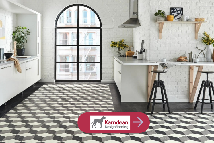 Karndean Kaleidoscope in a geometric black and white pattern in a kitchen with a black arched window at the far end,