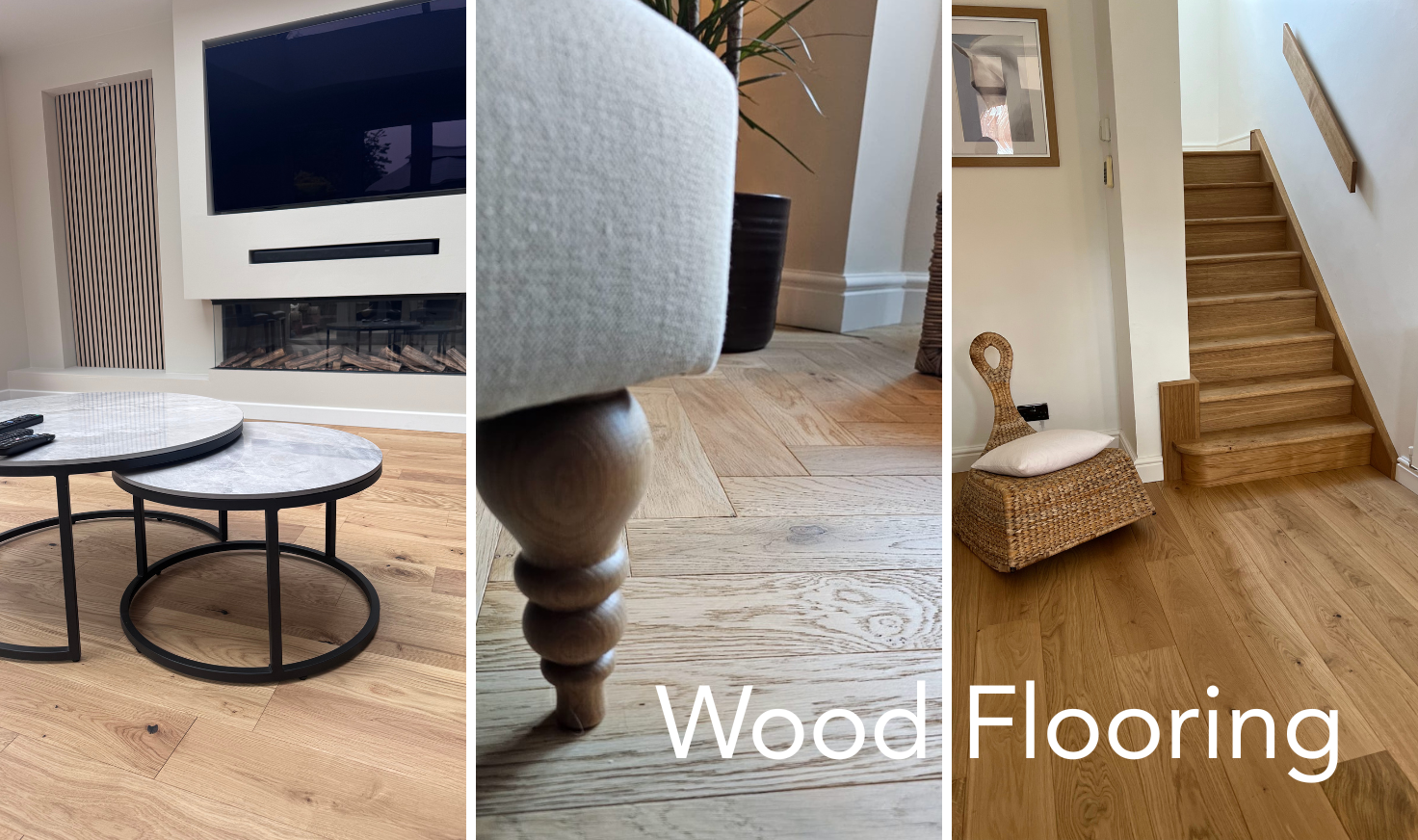 Three images of wood flooring a plank oak floor, a Herringbone parquet floor and an oak floor with an oak staircase