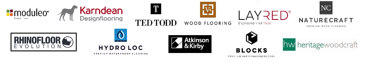 banner detailing flooring products we sell Karndean, Moduleo, Ted Todd, V4 Wood Flooring, Layred, Naturecraft premium wood floors, Hydro Loc, Athinson & Kirby, Blocks premium herringbone floors, Heritage woodcraft, Rhinofloor Evolutuon