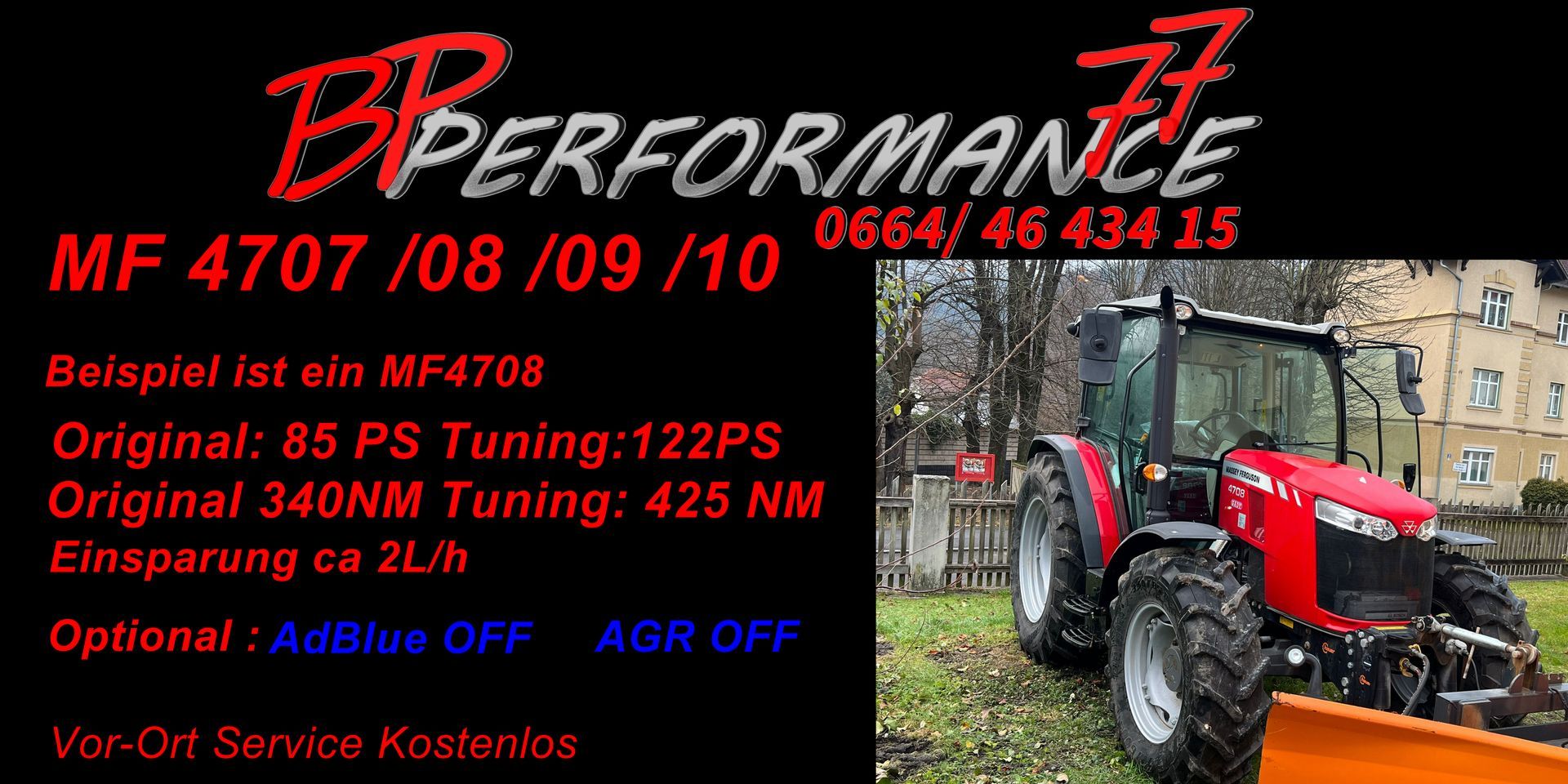 Chiptuning Softwaretuning
Massey Ferguson Traktor
AdBlue abschalten deaktivieren
AGR Abgasrückführung abschalten deaktivieren
205, 210, 220 (1978-84)
1010, 1020, 1030, 1035, 1040, 1045 (1982-94)
1140, 1145 (1991-93)
1125, 1160, 1180, 1190 (1992-99)
1210, 1220, 1230, 1240, 1250, 1260 (1992-02)
1205, 1215, 1225, 1235 (1996-03)
1325, 1335, 1345 (2002-04)
1417, 1423, 1428, 1429, 1431, 1433, 1440, 1445, 1455 (2002-05)
2405, 2410, 2415 (2003-08)
1523, 1528, 1531, 1533, 1540, 1547, 1552, 1560 (2005-10)
1635, 1643, 1648, 1652, 1655, 1660 (2009-13)
1726E, 1734E, 1739E (2013-2020)
1736, 1742, 1749, 1754, 1758, 1759 (2013-18)
4608, 4609, 4610 (2013-15)
2604H, 2605H, 2606H, 2607H (2016-)
4607M, 4609M, 4610M (2016-)
1735E, 1740E, 1755E, 1825E, 1835E, 1840E (2020-)
1835M, 1840M, 2850M, 2855M, 2860M (2020-)
2750E, 2760E, 2850E, 2860E (2020-)