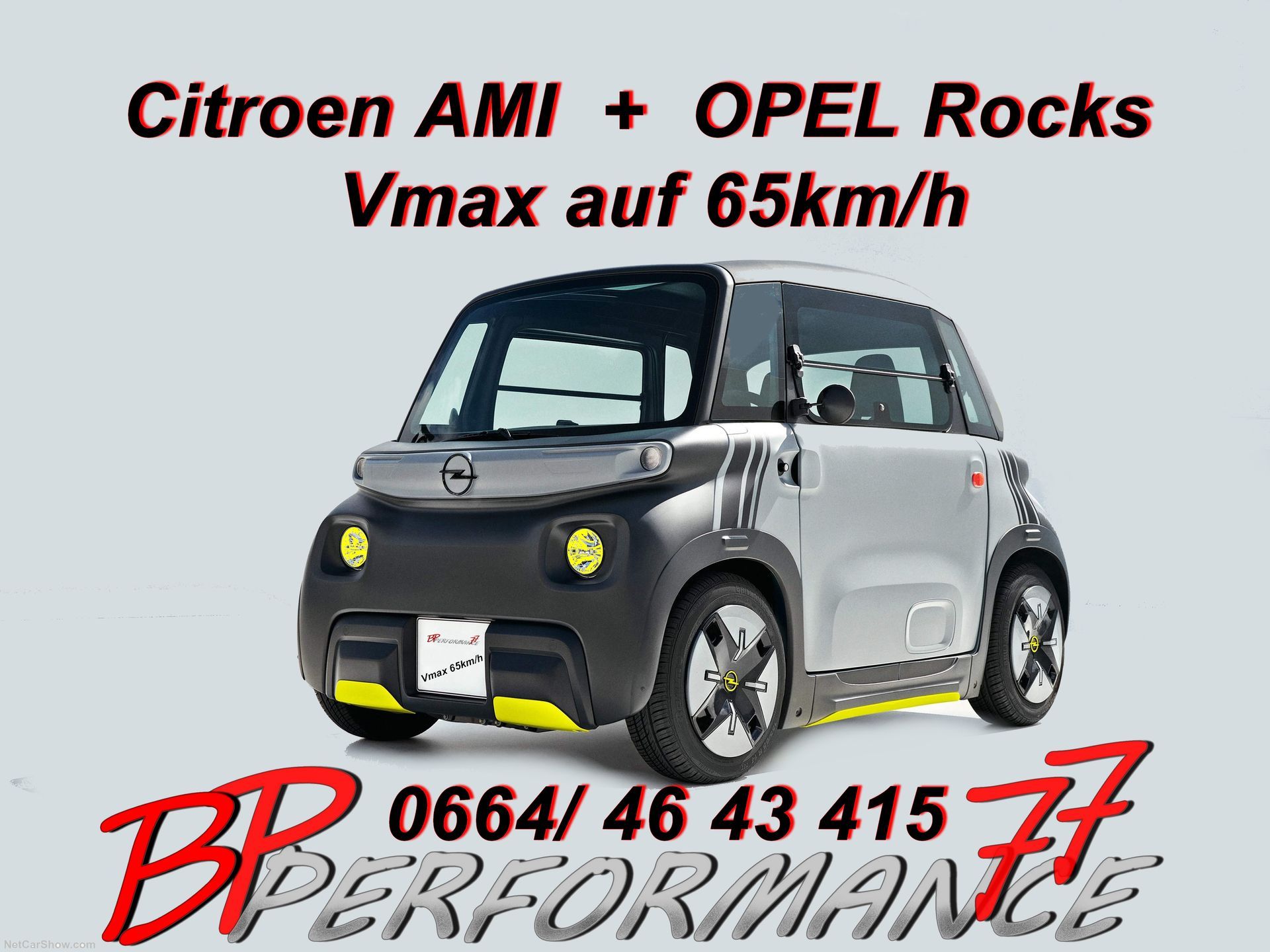 Opel Rocks + Citroen AMI 
Vmax Anhebung auf 65km/h 
Sie können mit dem Fahrzeug, nach Terminvereinbarung zu uns kommen oder das Steuergerät per Post schicken. 
www.performance77.at
0664/ 46 43 415