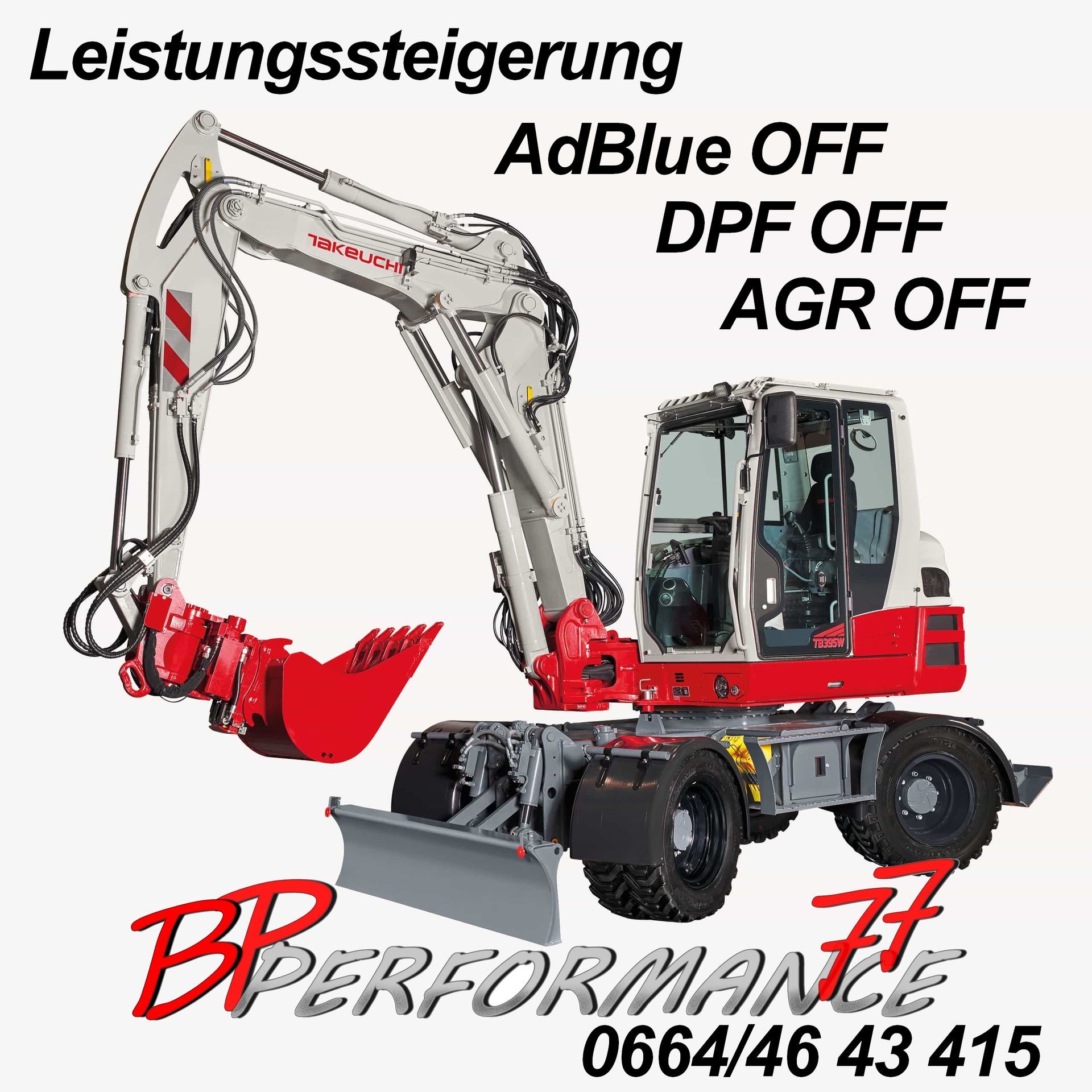 Leistungssteigerung und Spritsparoptimierung
AdBlue Deaktivierung
Dieselpartikelfilter Deaktivierung
Abgasrückführung Deaktivierung
bei vielen TAKEUCHI Modelen möglich.
Mit Vor-Ort_ Service Kostenlos
Anfragen unter:
www.performance77.at
0664/ 46 43 415