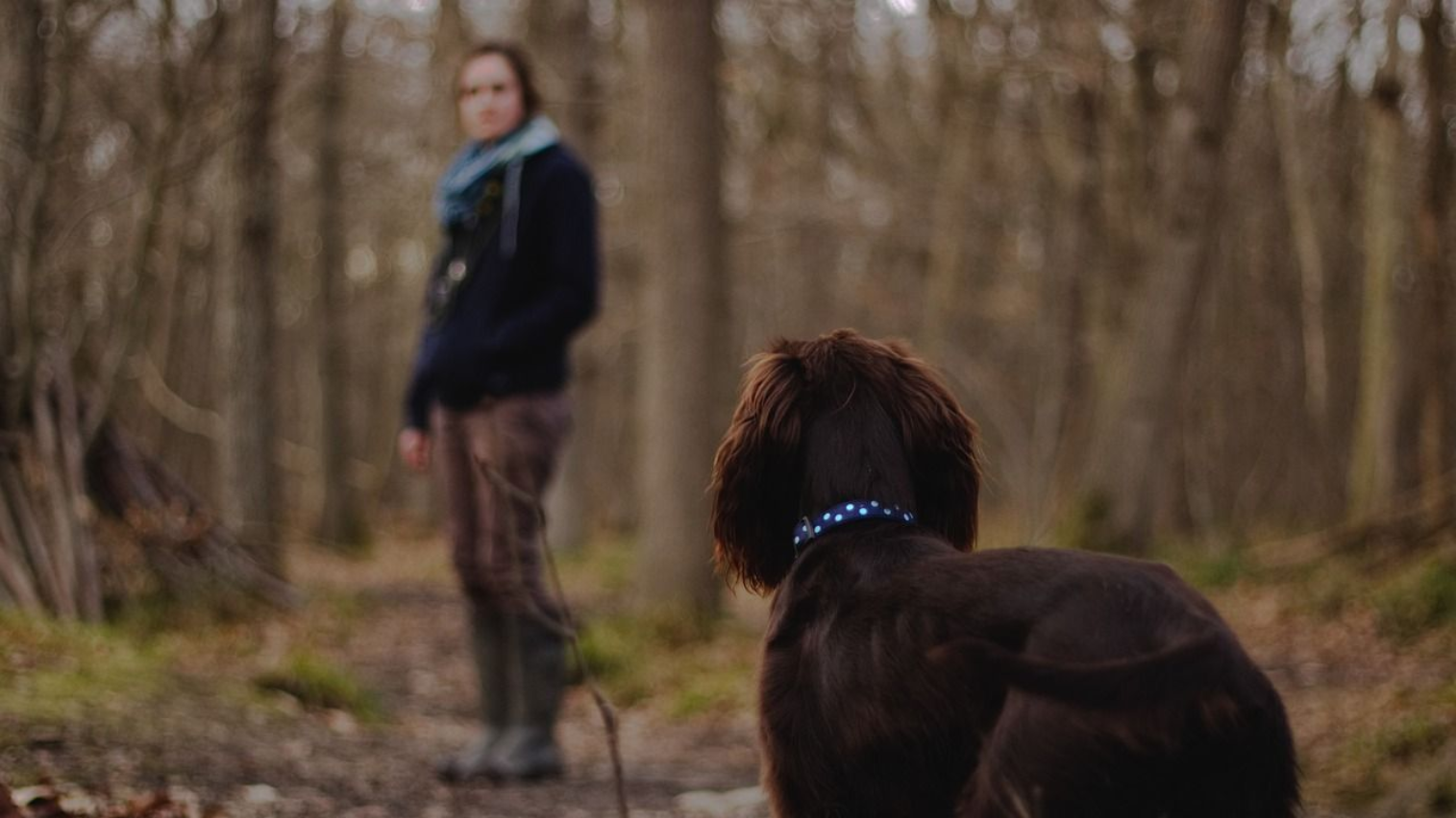 Erfolgreiche Trüffelsuche: Frauchen mit Trüffelhund im Wald