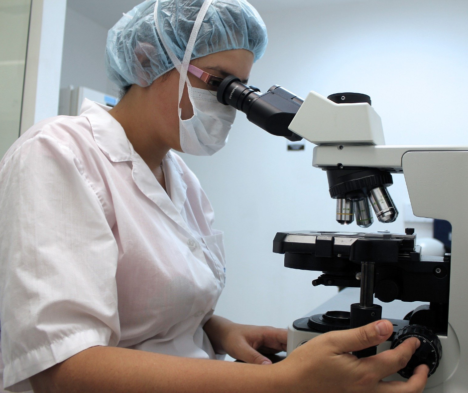 Wir kontrollieren vor Ort und im Labor Laborantin untersucht Mykorrhiza mit einem Mikroskop