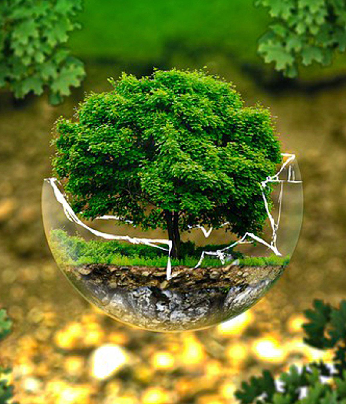 Welt als Glaskugel, die hälftig aufgebrochen ist. Innen ist Erde bewachsen mit Gras. Eine Eiche ist aus der Erde gewachsen.