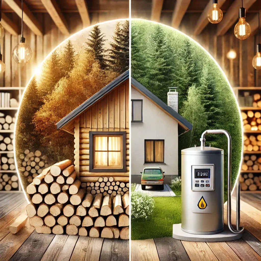Holz oder Heizöl? - mit KI erstellt Ein Haus in der Mitte halbiert - die linke Seite zeigt einen Holzstapel vor dem Haus, aus dem ersichtlich wird, dass hier mit Holz geheizt wird. Vor der anderen Seite steht ein Heizöltank als Energieversorger.