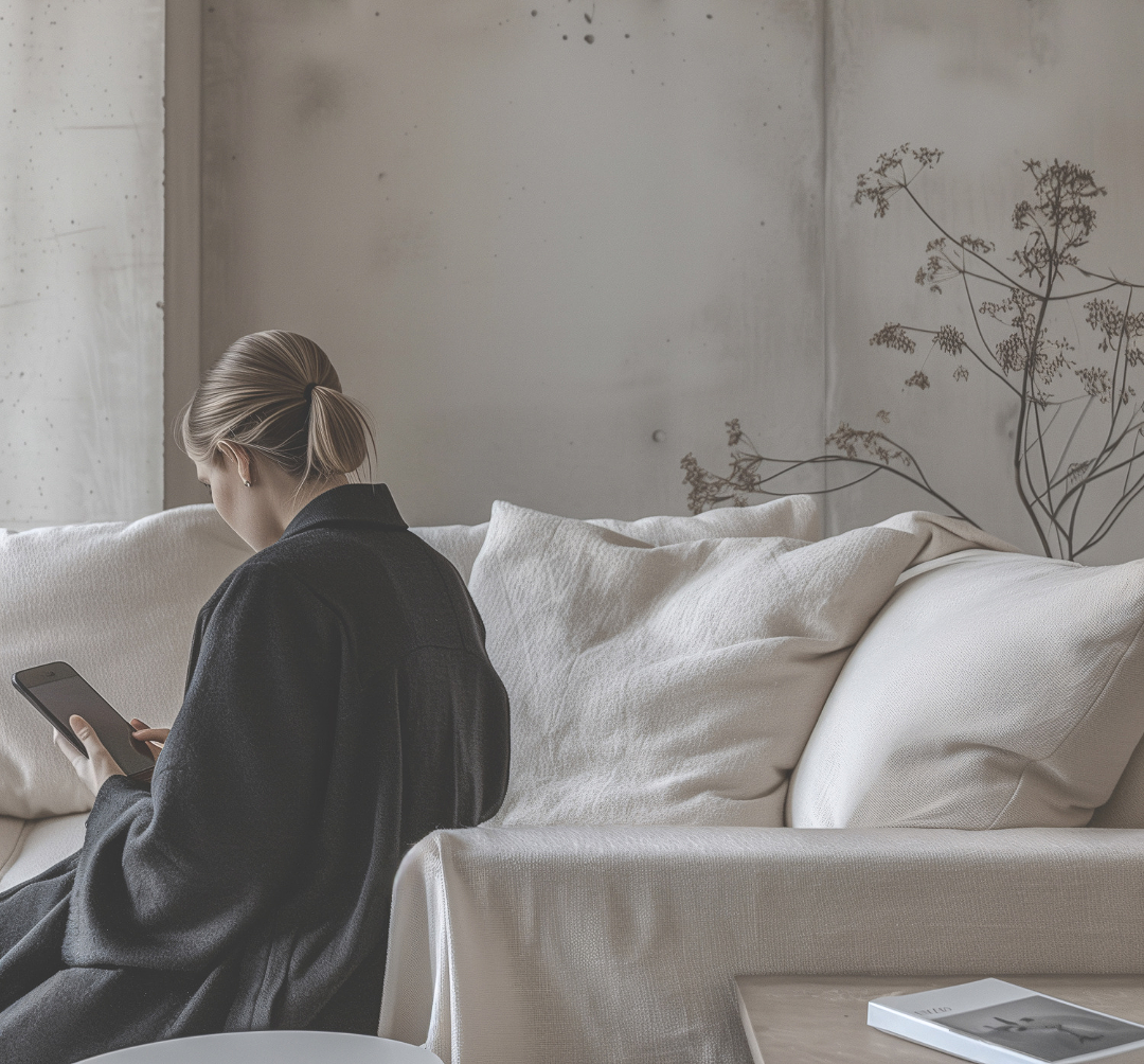 Laptop ind Handy stehen auf einem grauen Sofa