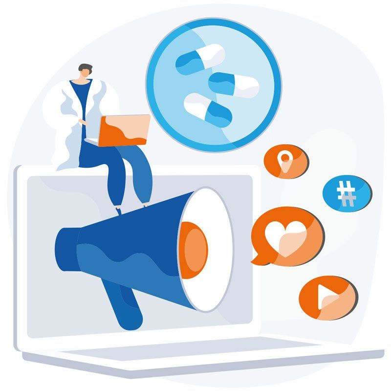 Illustration zum Apothekenmarketing mit Laptop, Megafon, Medikamenten-Symbolen und Social-Media-Icons